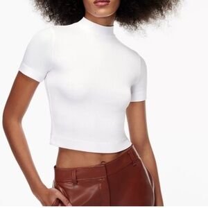 Babaton White Formarib Mock Neck Short Sleeve Shirt Small